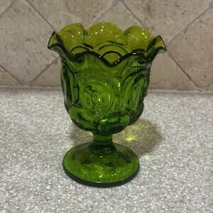 Vintage LE Smith Green Moon & Stars Ruffled Footed Open Vase Compote 5 3/4" USA